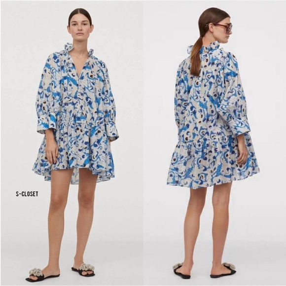 H&M hm Cotton Voile Ruffle Collar Peplum Mini Dress Drop waist Pattern Blue NWT - Picture 2 of 16